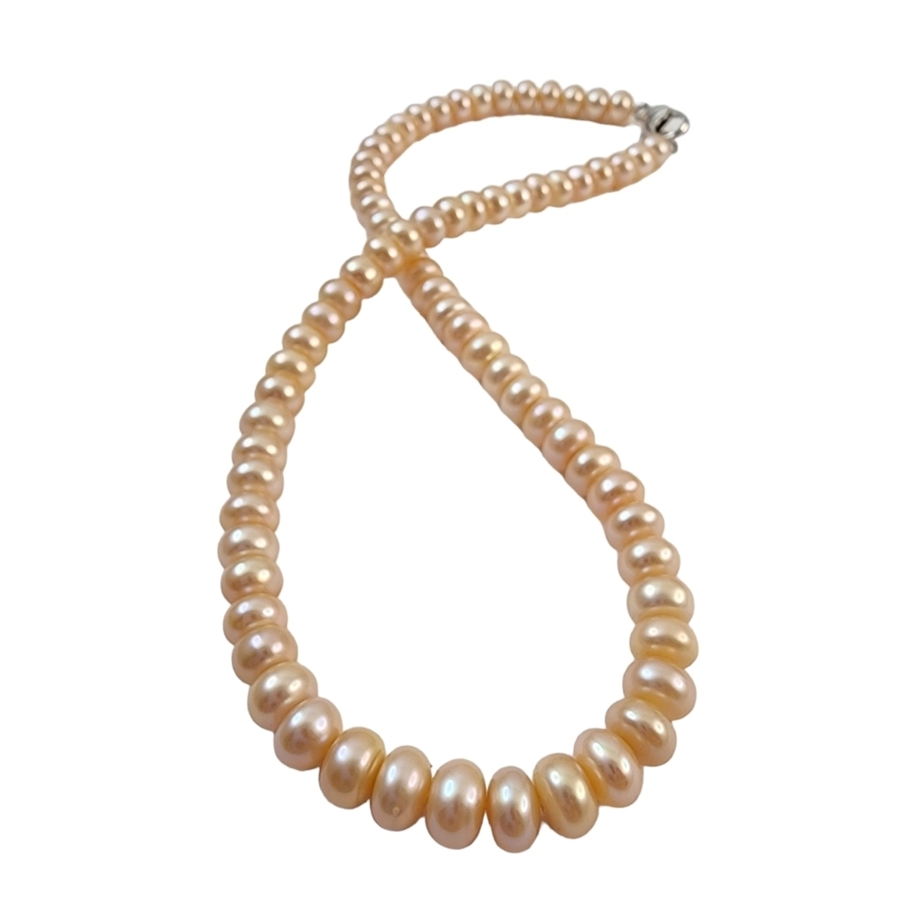 Pearl necklace 925 sterling silver clasp pale peach pink A0317  -Q1